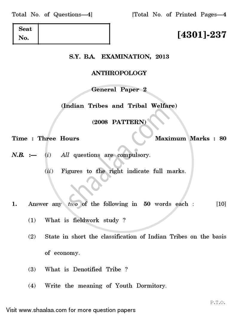 Anthropology General Paper 2- Indian Tribes and Tribal Welfare 2012-2013 - B.A. - 2nd Year (SYBA) - University of Pune question paper with PDF download