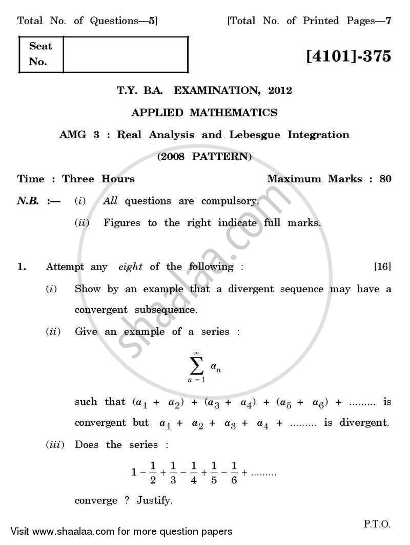 Applied Mathematics General Paper 3- Real Analysis and Lebesgue Integration 2011-2012 - B.A. - 3rd Year (TYBA) - University of Pune question paper with PDF download