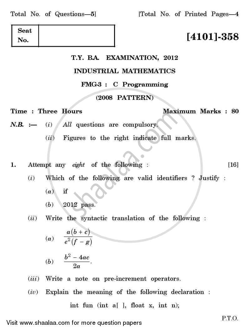 C-programming 2011-2012 - B.A. - 3rd Year (TYBA) - University of Pune question paper with PDF download