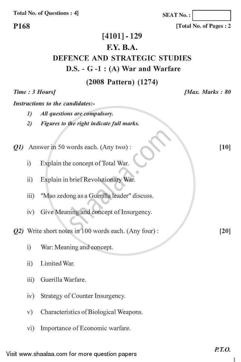 Defence and Strategic Studies General Paper 1A- War and Warfare 2011-2012 - B.A. - 1st Year (FYBA) - University of Pune question paper with PDF download