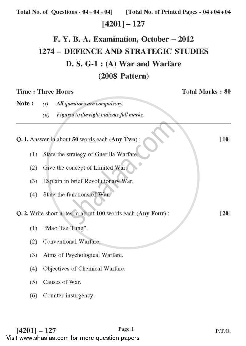 Defence and Strategic Studies General Paper 1A- War and Warfare 2012-2013 - B.A. - 1st Year (FYBA) - University of Pune question paper with PDF download