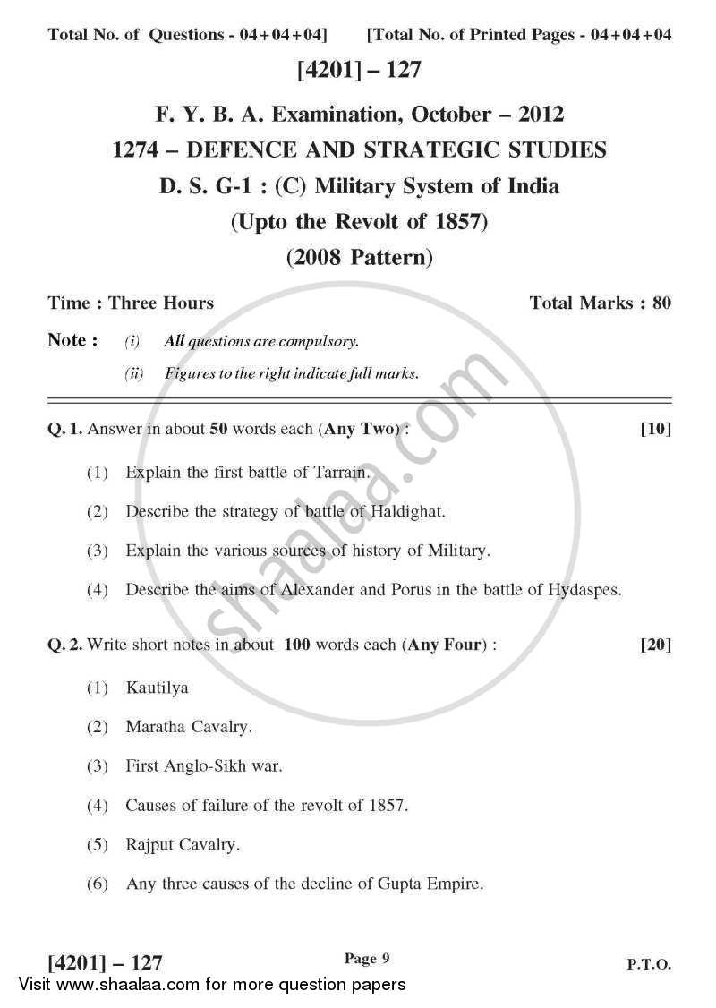 Defence and Strategic Studies General Paper 1C- Military System of India (Upto Revolt of 1857) 2012-2013 - B.A. - 1st Year (FYBA) - University of Pune question paper with PDF download