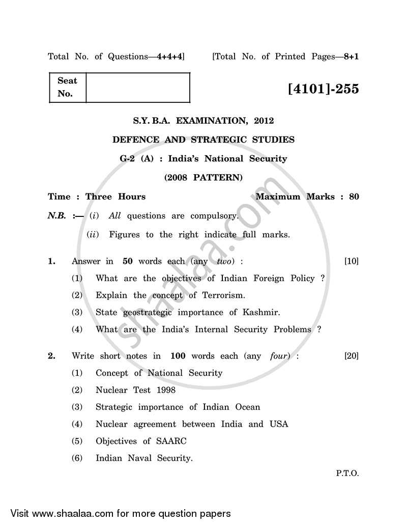 Defence and Strategic Studies General Paper 2A- Indian National Security 2011-2012 - B.A. - 2nd Year (SYBA) - University of Pune question paper with PDF download