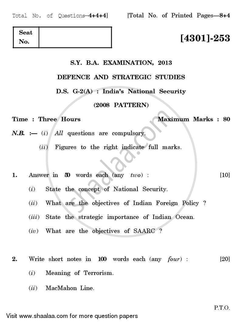 Defence and Strategic Studies General Paper 2A- Indian National Security 2012-2013 - B.A. - 2nd Year (SYBA) - University of Pune question paper with PDF download