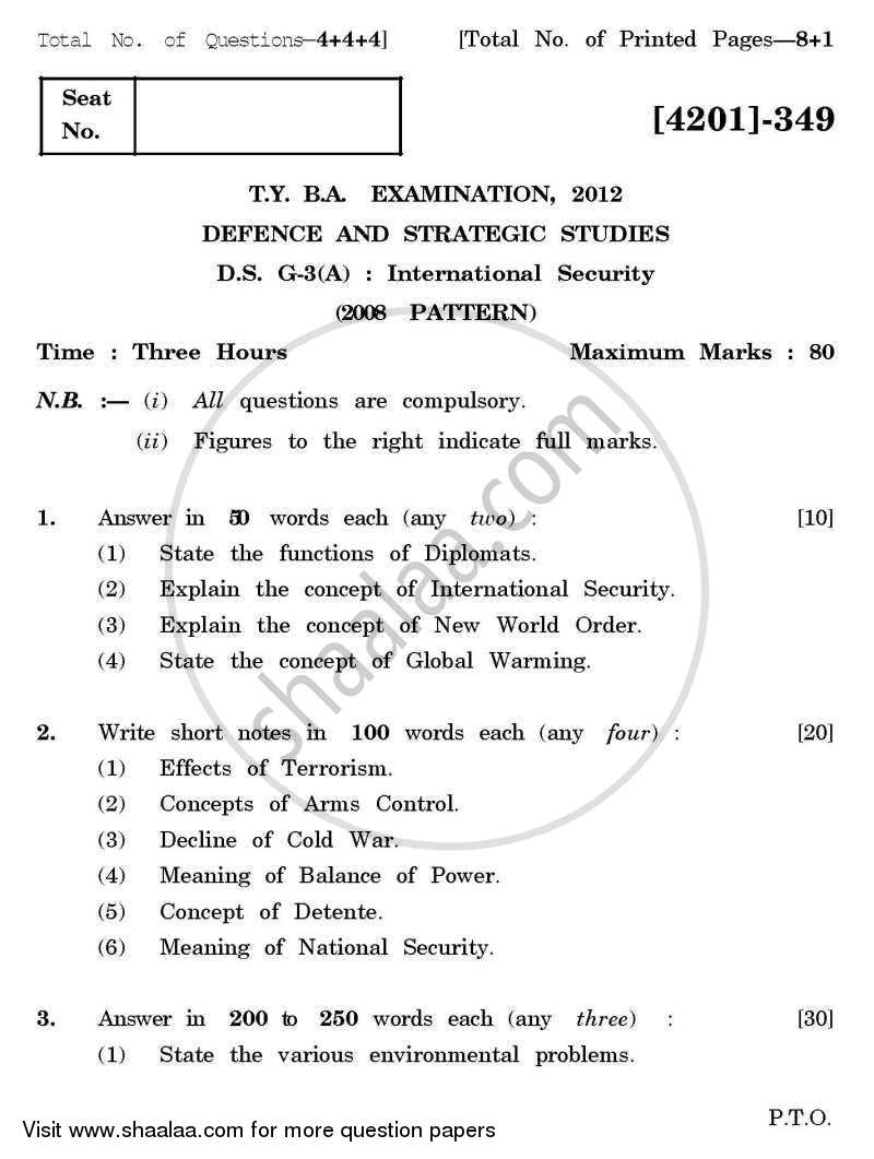 Defence and Strategic Studies General Paper 3A- International Security 2012-2013 - B.A. - 3rd Year (TYBA) - University of Pune question paper with PDF download
