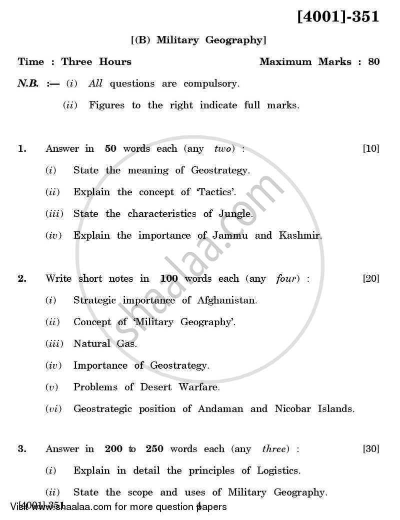 Defence and Strategic Studies General Paper 3B- Military Geography 2011-2012 - B.A. - 3rd Year (TYBA) - University of Pune question paper with PDF download