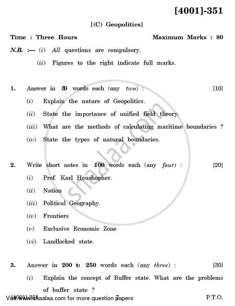 Defence and Strategic Studies General Paper 3C- Geo-Politics 2011-2012 - B.A. - 3rd Year (TYBA) - University of Pune question paper with PDF download