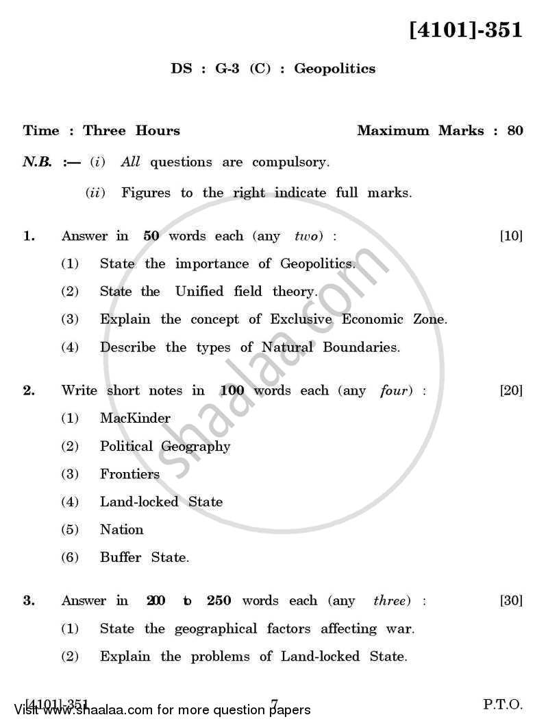 Defence and Strategic Studies General Paper 3C- Geo-Politics 2011-2012 - B.A. - 3rd Year (TYBA) - University of Pune question paper with PDF download