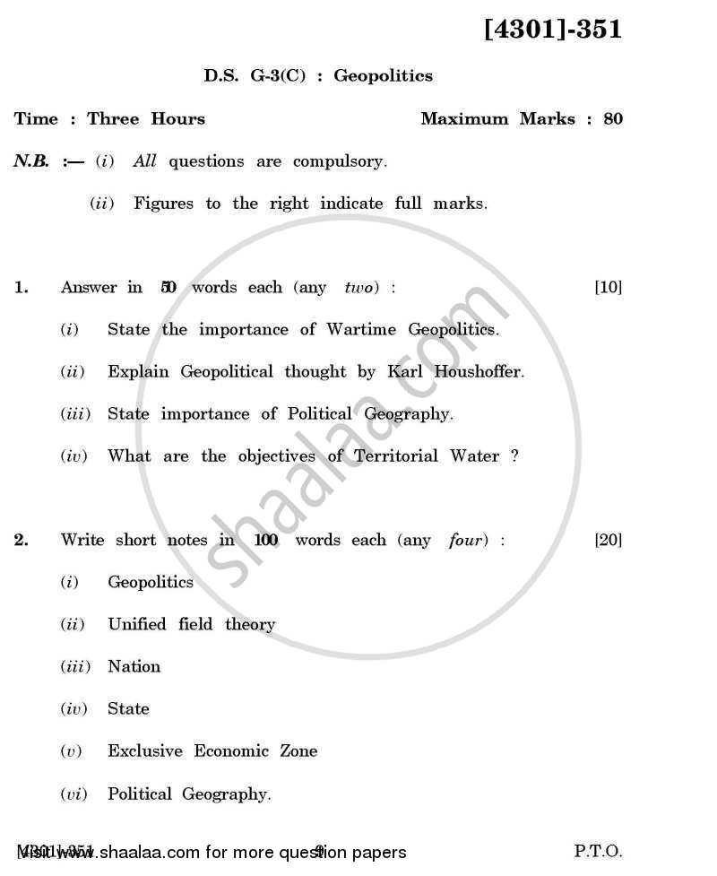 Defence and Strategic Studies General Paper 3C- Geo-Politics 2012-2013 - B.A. - 3rd Year (TYBA) - University of Pune question paper with PDF download