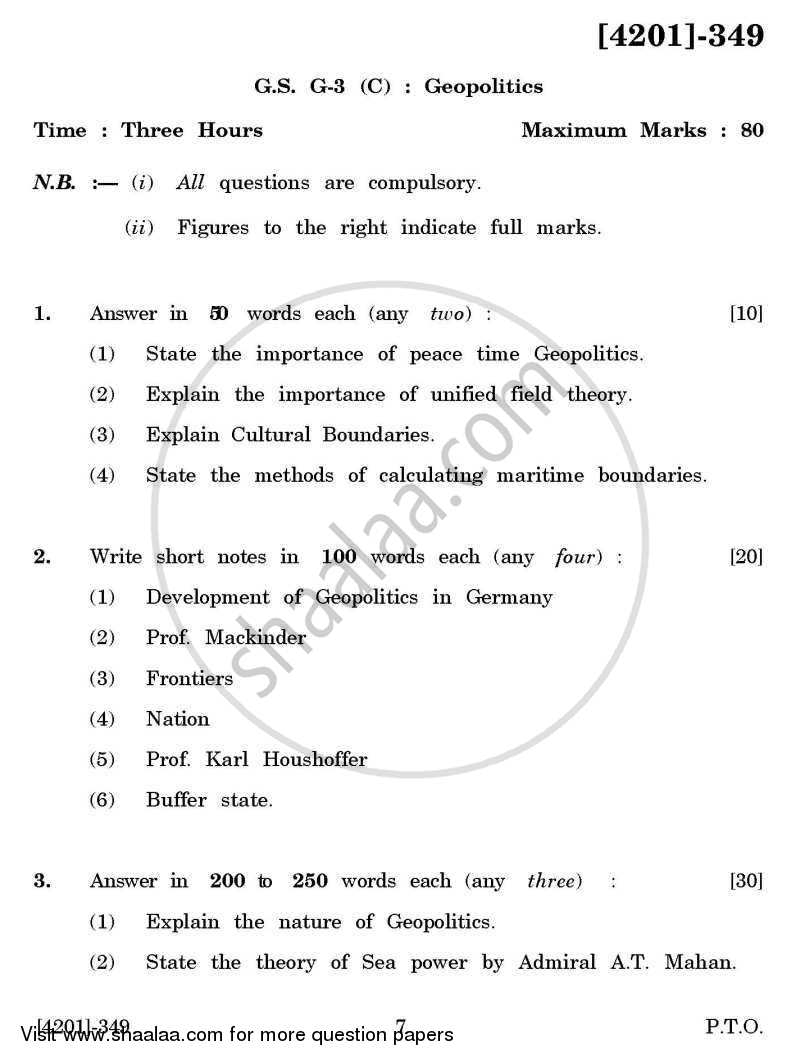 Defence and Strategic Studies General Paper 3C- Geo-Politics 2012-2013 - B.A. - 3rd Year (TYBA) - University of Pune question paper with PDF download
