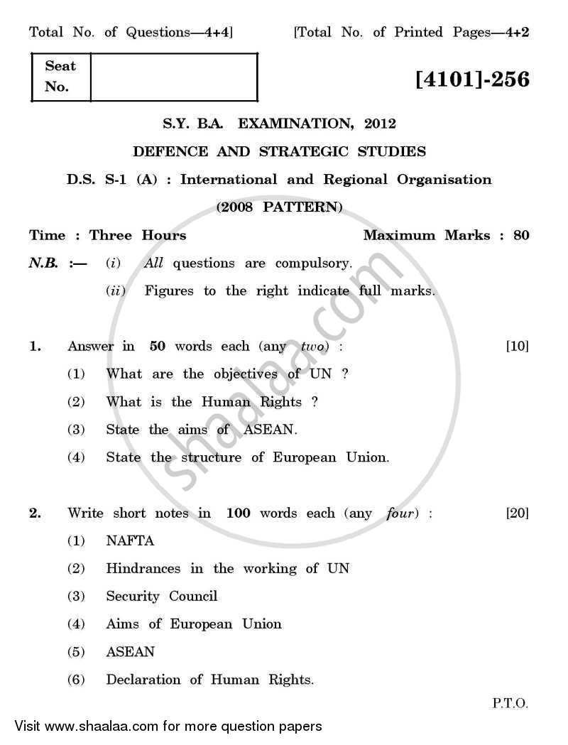 Defence and Strategic Studies Special Paper 1A- International and Regional Organisations 2011-2012 - B.A. - 2nd Year (SYBA) - University of Pune question paper with PDF download