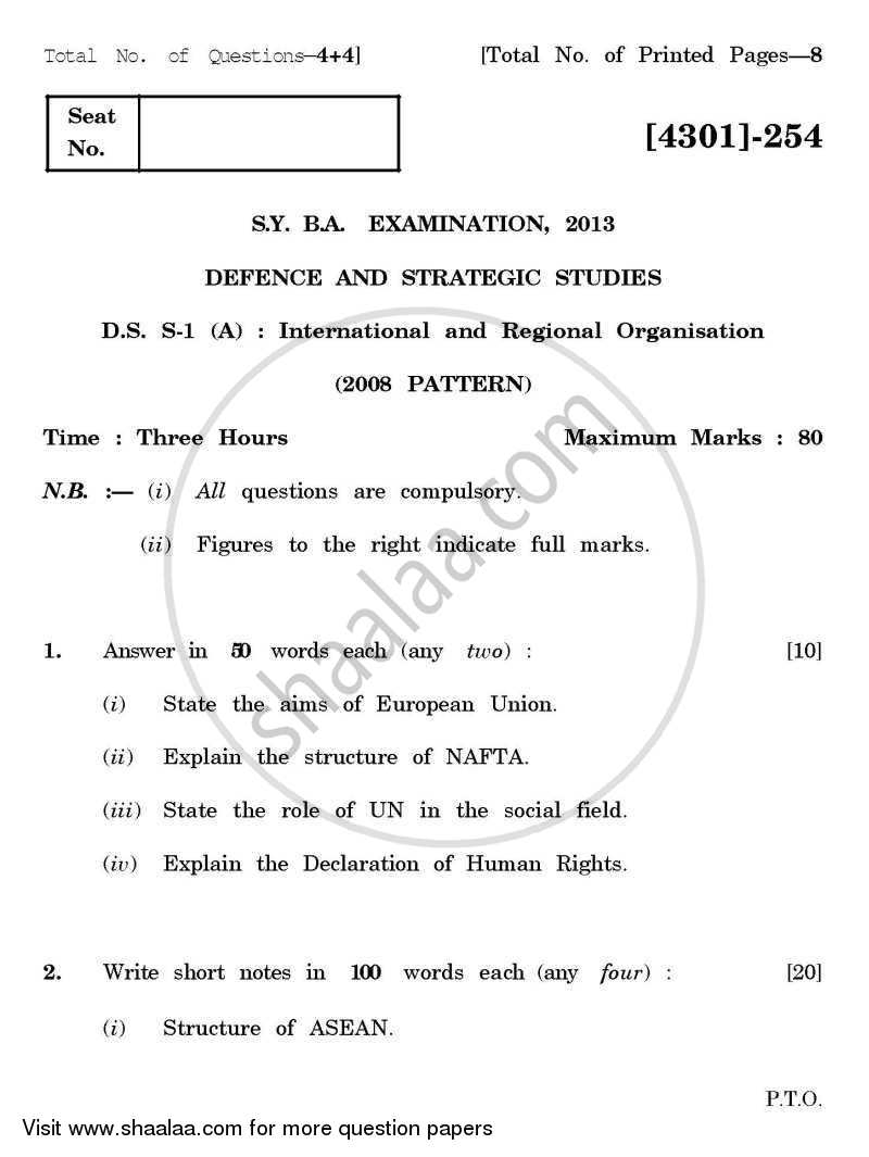 Defence and Strategic Studies Special Paper 1A- International and Regional Organisations 2012-2013 - B.A. - 2nd Year (SYBA) - University of Pune question paper with PDF download