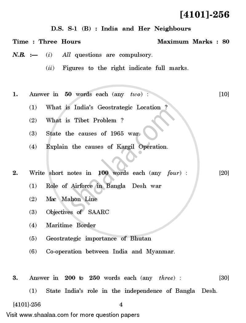 Defence and Strategic Studies Special Paper 1B- India Her Neighbours 2011-2012 - B.A. - 2nd Year (SYBA) - University of Pune question paper with PDF download