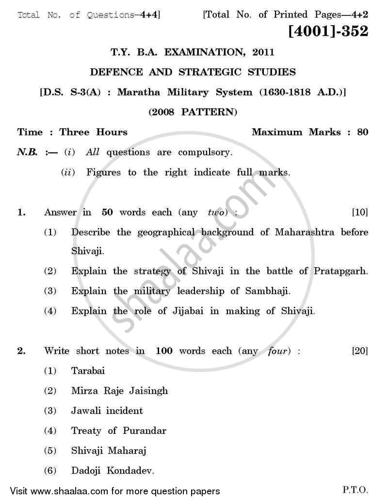 Defence and Strategic Studies Special Paper 3A- Maratha Military System (1630-1818) 2011-2012 - B.A. - 3rd Year (TYBA) - University of Pune question paper with PDF download
