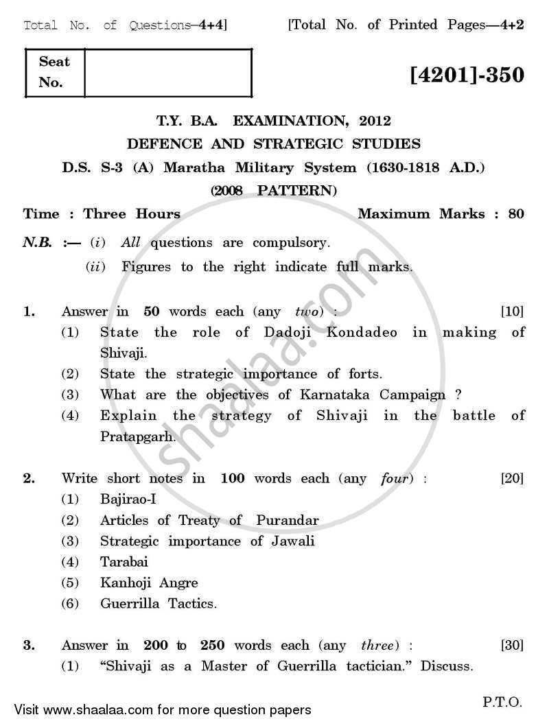 Defence and Strategic Studies Special Paper 3A- Maratha Military System (1630-1818) 2012-2013 - B.A. - 3rd Year (TYBA) - University of Pune question paper with PDF download