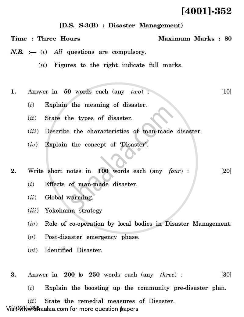 Defence and Strategic Studies Special Paper 3B- Disaster Management 2011-2012 - B.A. - 3rd Year (TYBA) - University of Pune question paper with PDF download