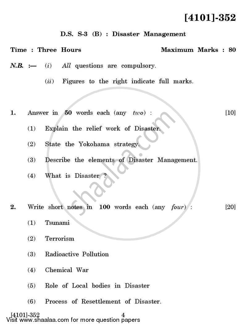 Defence and Strategic Studies Special Paper 3B- Disaster Management 2011-2012 - B.A. - 3rd Year (TYBA) - University of Pune question paper with PDF download