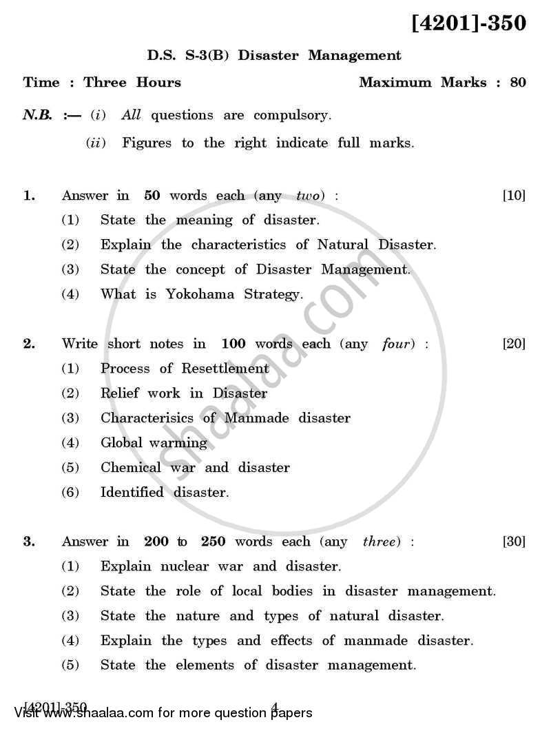 Defence and Strategic Studies Special Paper 3B- Disaster Management 2012-2013 - B.A. - 3rd Year (TYBA) - University of Pune question paper with PDF download