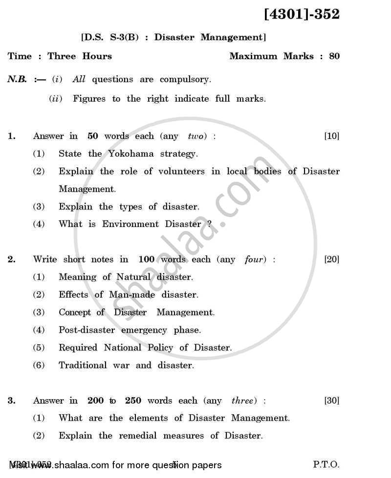 Defence and Strategic Studies Special Paper 3B- Disaster Management 2012-2013 - B.A. - 3rd Year (TYBA) - University of Pune question paper with PDF download