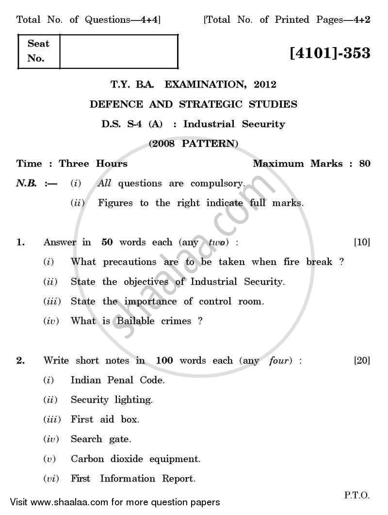 Defence and Strategic Studies Special Paper 4A- Industrial Security 2011-2012 - B.A. - 3rd Year (TYBA) - University of Pune question paper with PDF download