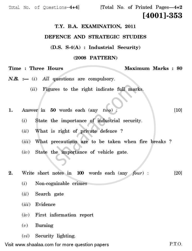 Defence and Strategic Studies Special Paper 4A- Industrial Security 2011-2012 - B.A. - 3rd Year (TYBA) - University of Pune question paper with PDF download