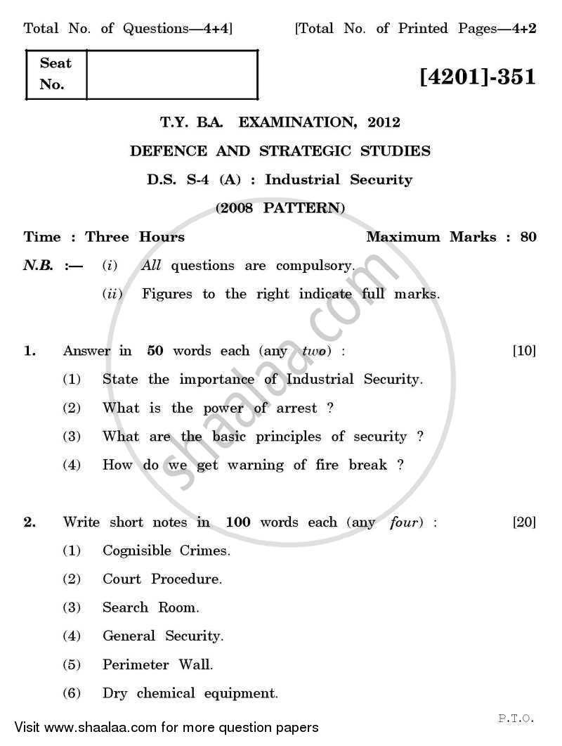 Defence and Strategic Studies Special Paper 4A- Industrial Security 2012-2013 - B.A. - 3rd Year (TYBA) - University of Pune question paper with PDF download