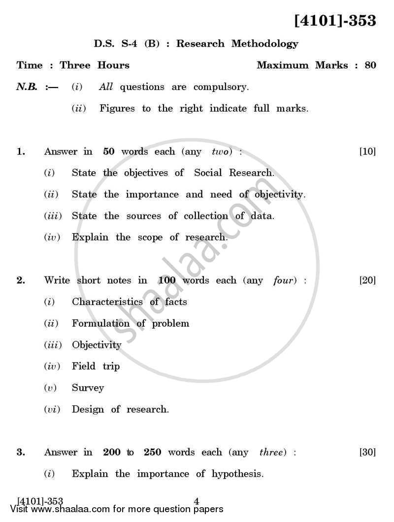 Defence and Strategic Studies Special Paper 4B- Research Methodology 2011-2012 - B.A. - 3rd Year (TYBA) - University of Pune question paper with PDF download