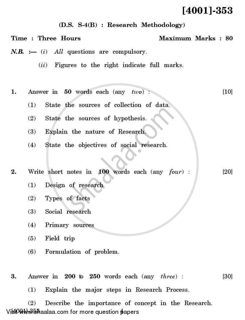 Defence and Strategic Studies Special Paper 4B- Research Methodology 2011-2012 - B.A. - 3rd Year (TYBA) - University of Pune question paper with PDF download