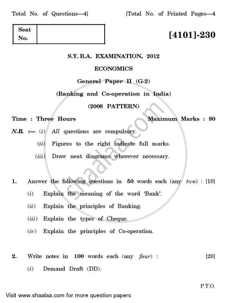 Economics General Paper 2- Banking and Co-operation in India 2011-2012 - B.A. - 2nd Year (SYBA) - University of Pune question paper with PDF download