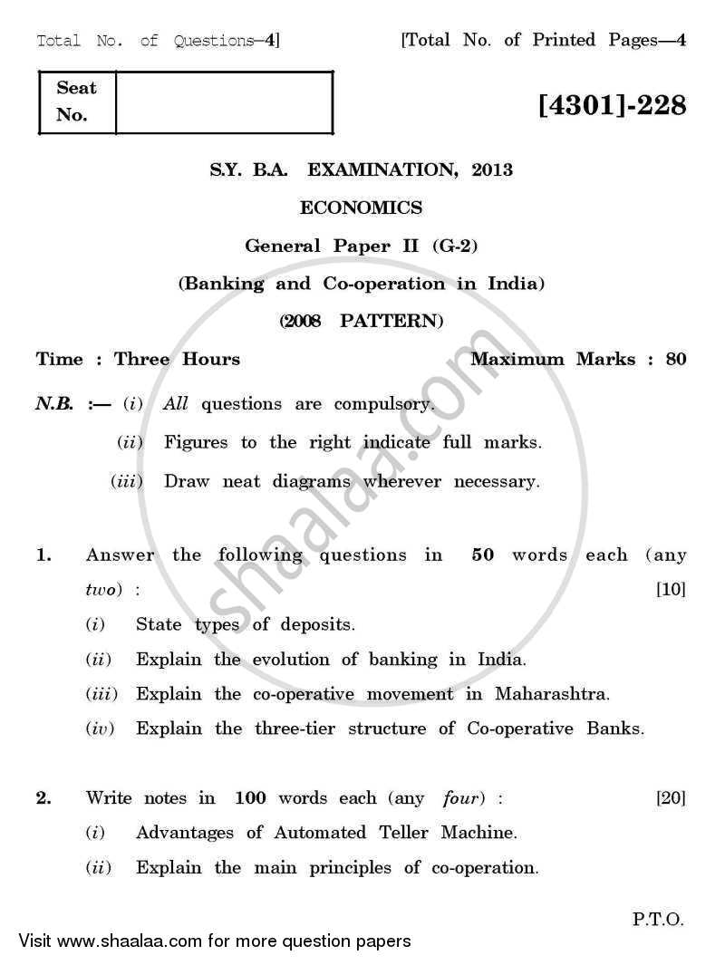 Economics General Paper 2- Banking and Co-operation in India 2012-2013 - B.A. - 2nd Year (SYBA) - University of Pune question paper with PDF download
