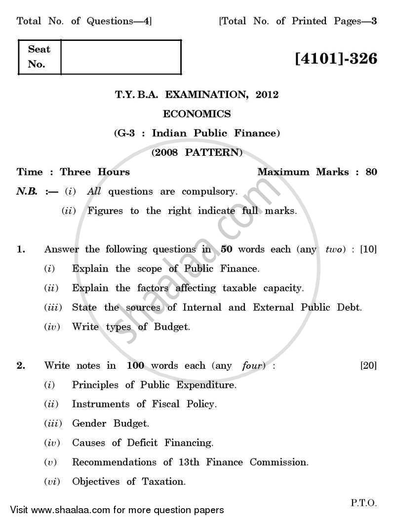 Economics General Paper 3- Indian Public Finance 2011-2012 - B.A. - 3rd Year (TYBA) - University of Pune question paper with PDF download