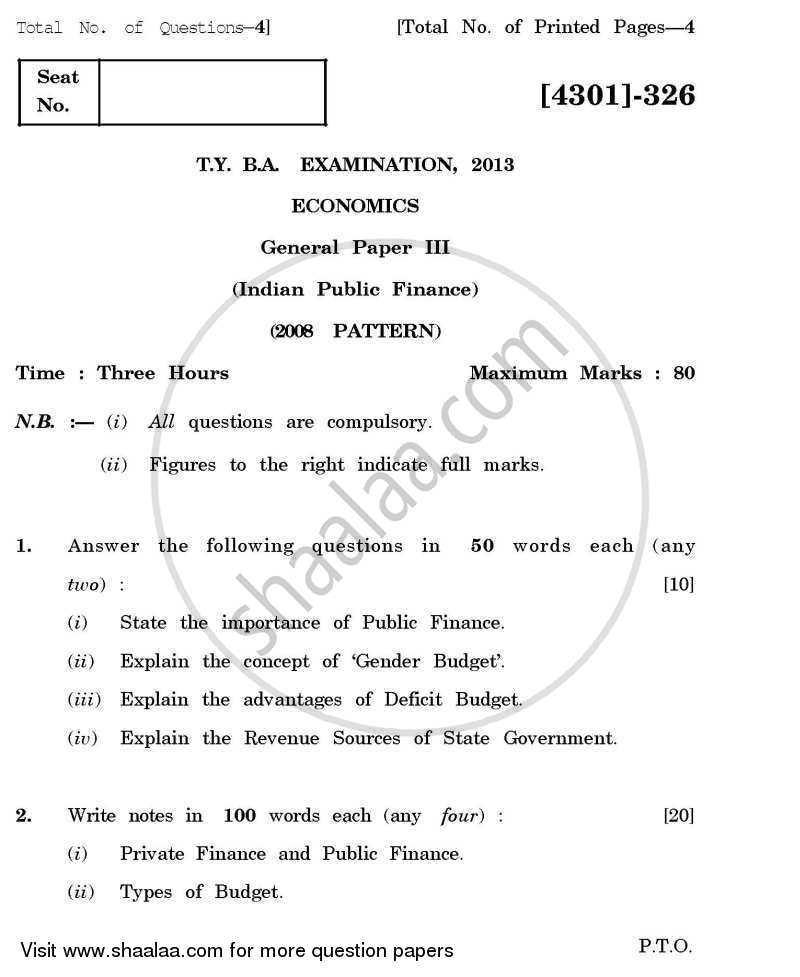 Economics General Paper 3- Indian Public Finance 2012-2013 - B.A. - 3rd Year (TYBA) - University of Pune question paper with PDF download