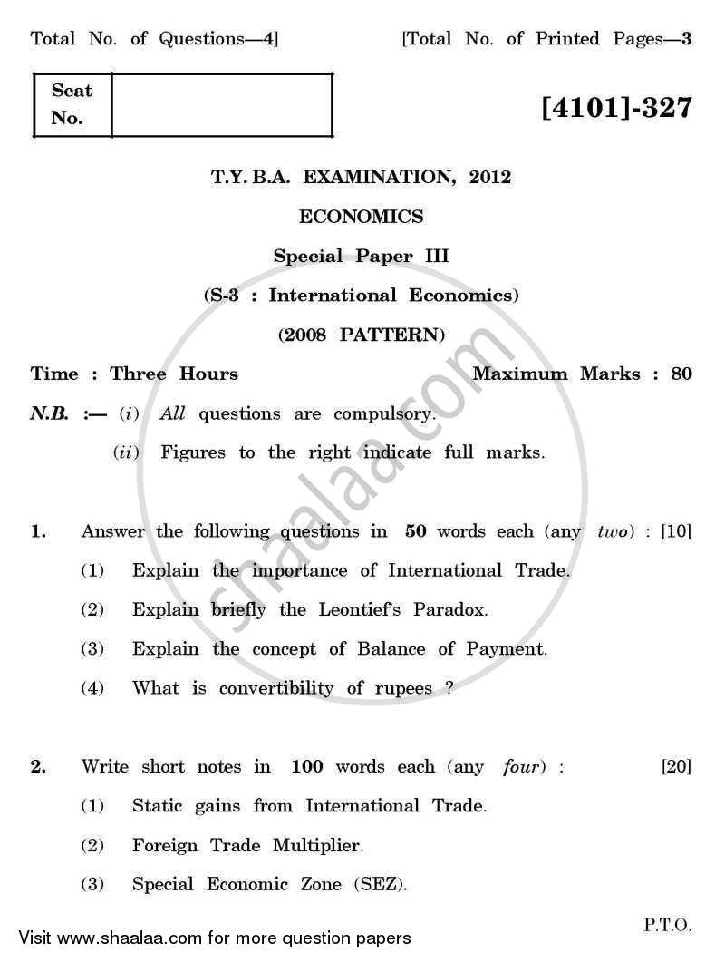 Economics Special Paper 3- International Economics 2011-2012 - B.A. - 3rd Year (TYBA) - University of Pune question paper with PDF download
