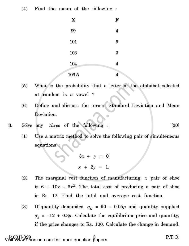 Economics Special Paper 4- Quantitative Techniques 2011-2012 - B.A. - 3rd Year (TYBA) - University of Pune question paper with PDF download
