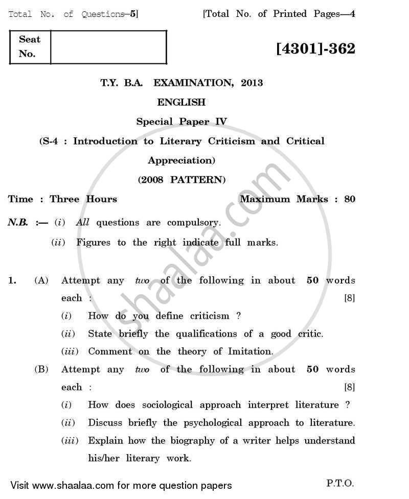 English Special Paper 4- Introduction to Literary Criticism and Critical Appreciation 2012-2013 - B.A. - 3rd Year (TYBA) - University of Pune question paper with PDF download