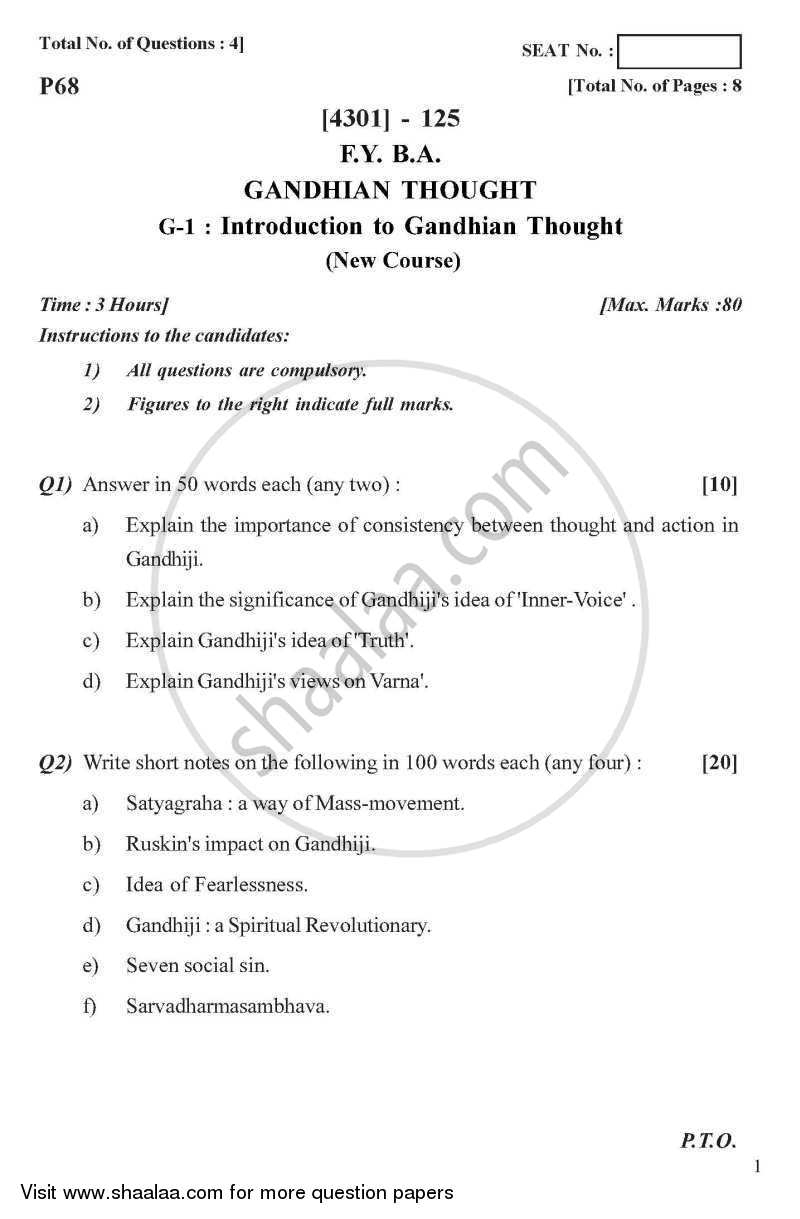 Gandhian Thought General Paper 1- Introduction to Gandhian Thought 2012-2013 - B.A. - 1st Year (FYBA) - University of Pune question paper with PDF download
