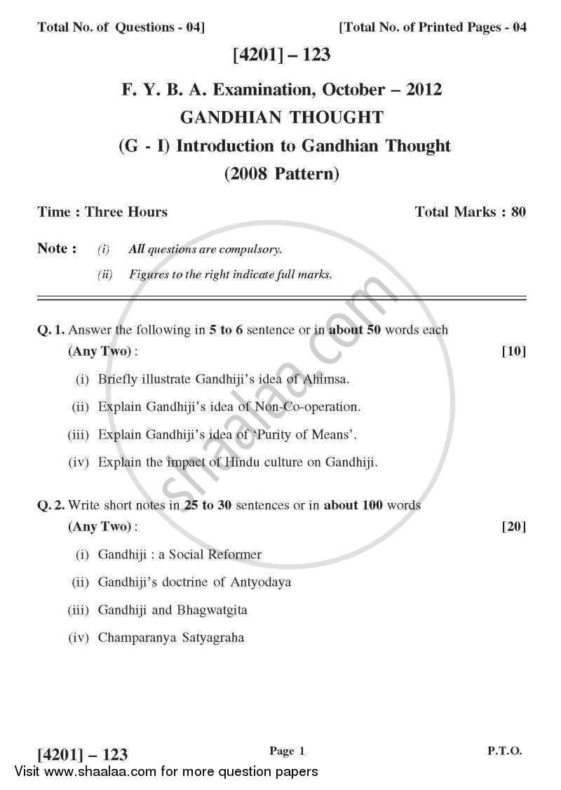 Gandhian Thought General Paper 1- Introduction to Gandhian Thought 2012-2013 - B.A. - 1st Year (FYBA) - University of Pune question paper with PDF download