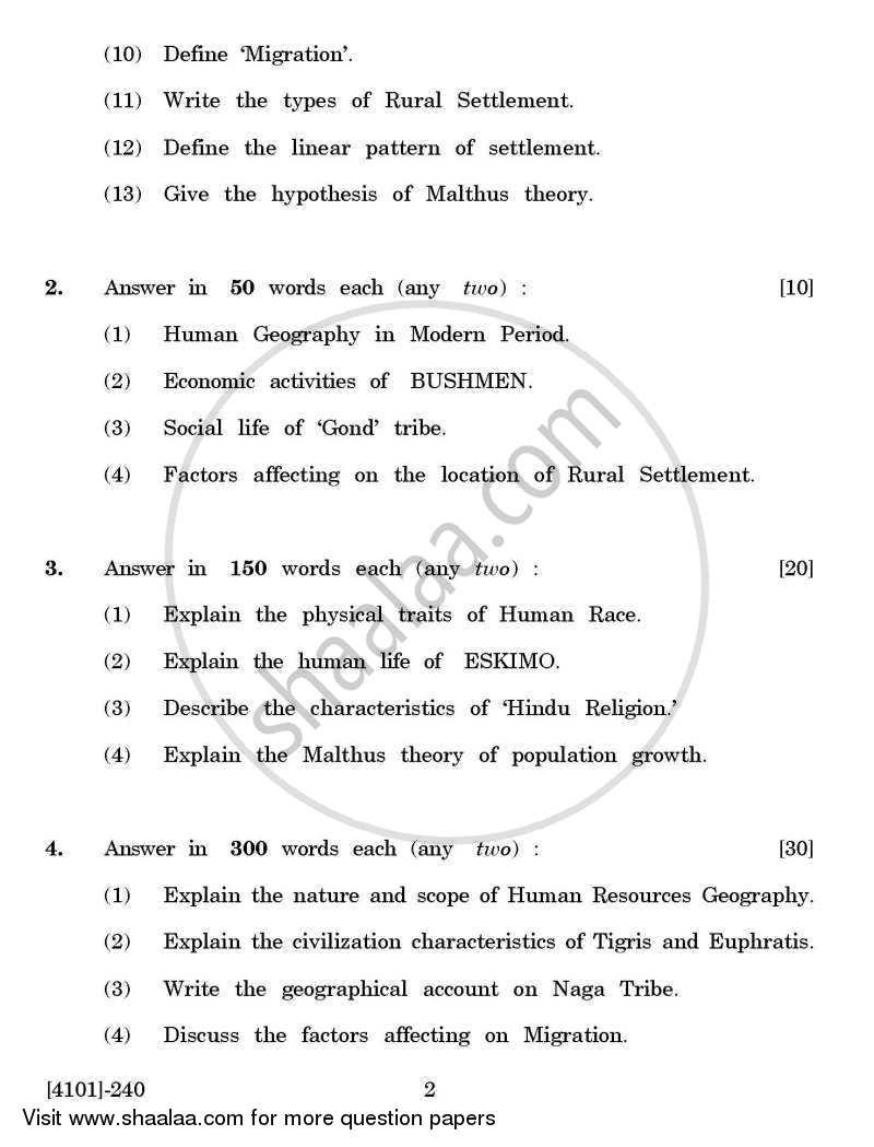 Geography General Paper 2- Geography of Human Resources 2011-2012 - B.A. - 2nd Year (SYBA) - University of Pune question paper with PDF download