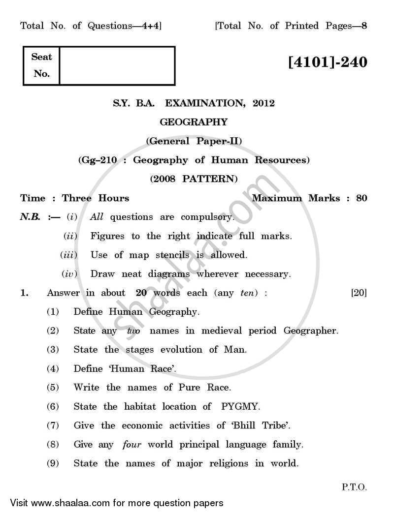 Geography General Paper 2- Geography of Human Resources 2011-2012 - B.A. - 2nd Year (SYBA) - University of Pune question paper with PDF download