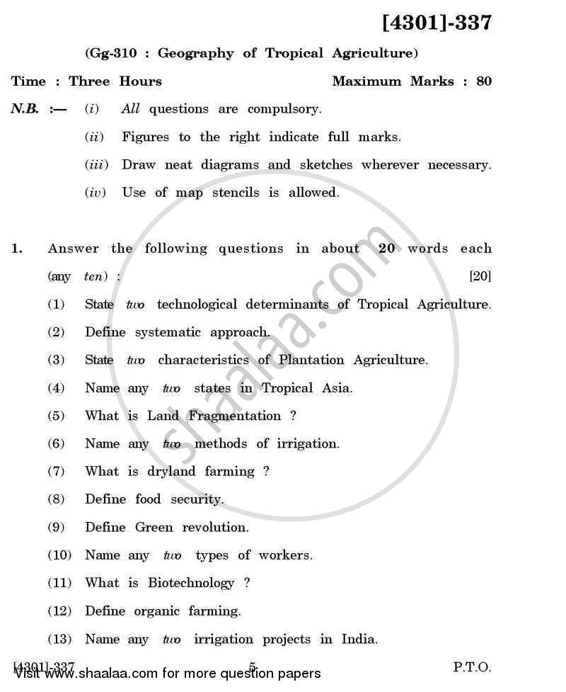 Geography General Paper 3- Geography of Tropical Agriculture 2012-2013 - B.A. - 3rd Year (TYBA) - University of Pune question paper with PDF download