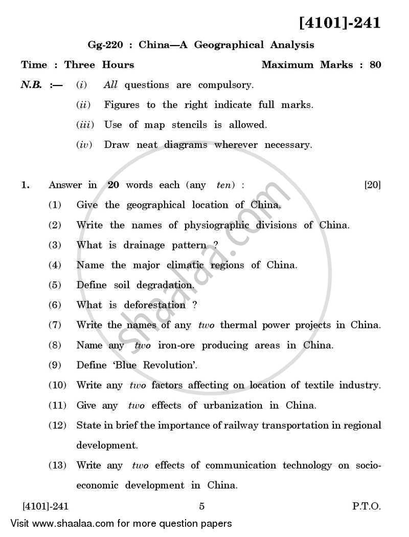 Geography Special Paper 1- China - A Geographical Analysis 2011-2012 - B.A. - 2nd Year (SYBA) - University of Pune question paper with PDF download