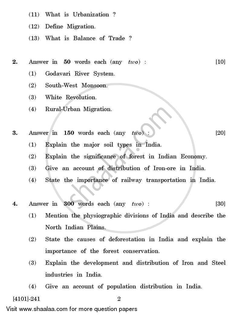 Geography Special Paper 1- India - A Geographical Analysis 2011-2012 - B.A. - 2nd Year (SYBA) - University of Pune question paper with PDF download