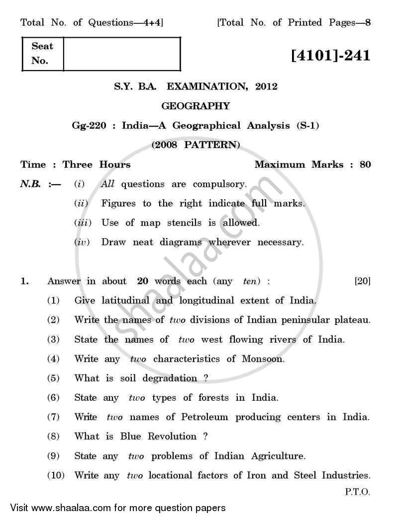 Geography Special Paper 1- India - A Geographical Analysis 2011-2012 - B.A. - 2nd Year (SYBA) - University of Pune question paper with PDF download
