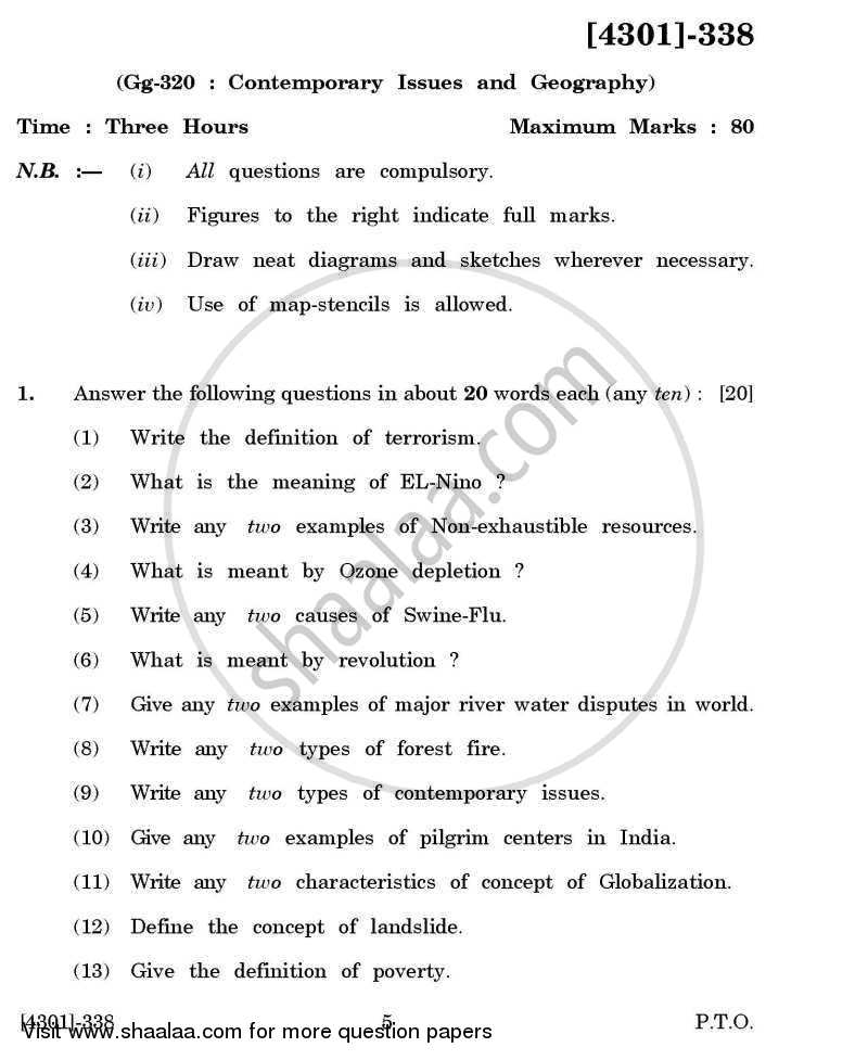 Geography Special Paper 3- Contemporary Issues and Geography 2012-2013 - B.A. - 3rd Year (TYBA) - University of Pune question paper with PDF download