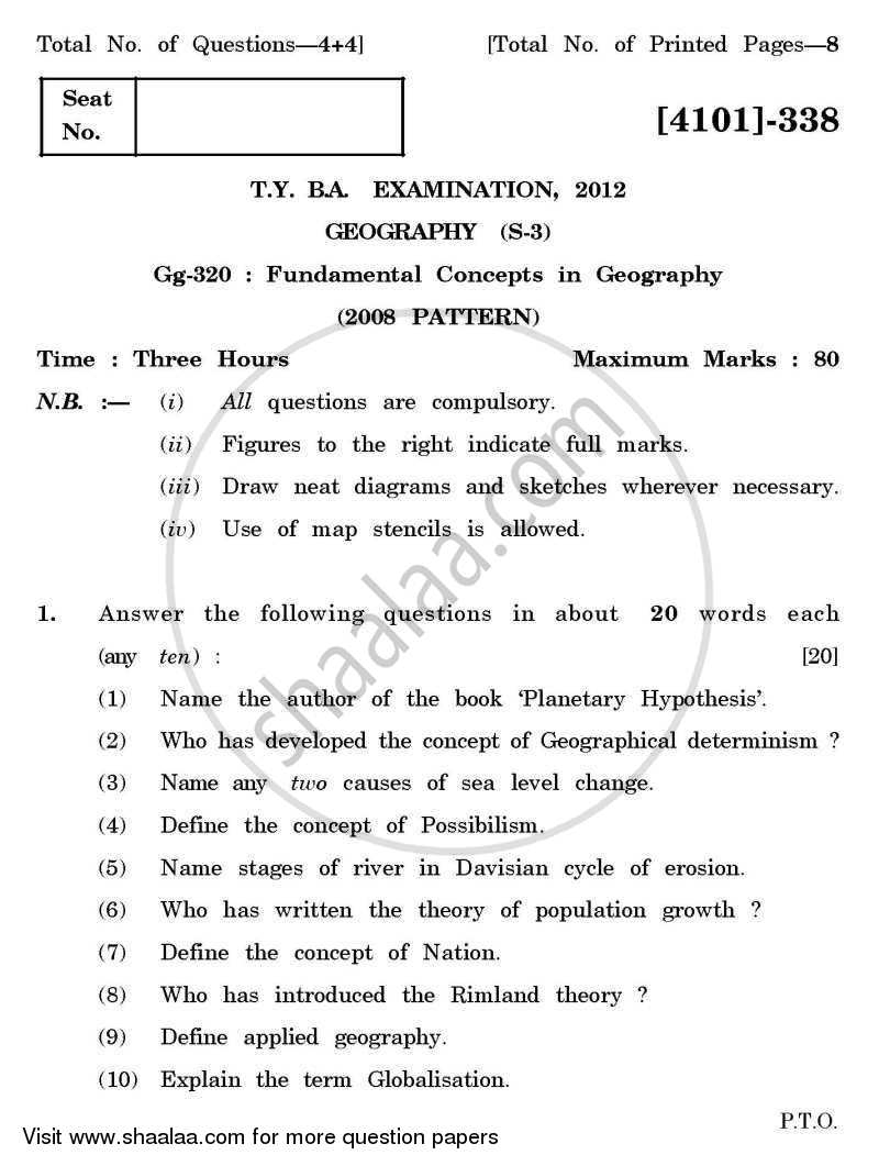 Geography Special Paper 3- Fundamental Concepts in Geography 2011-2012 - B.A. - 3rd Year (TYBA) - University of Pune question paper with PDF download