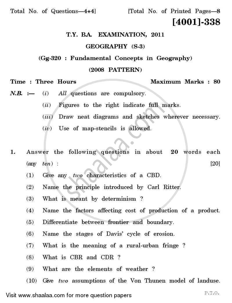 Geography Special Paper 3- Fundamental Concepts in Geography 2011-2012 - B.A. - 3rd Year (TYBA) - University of Pune question paper with PDF download