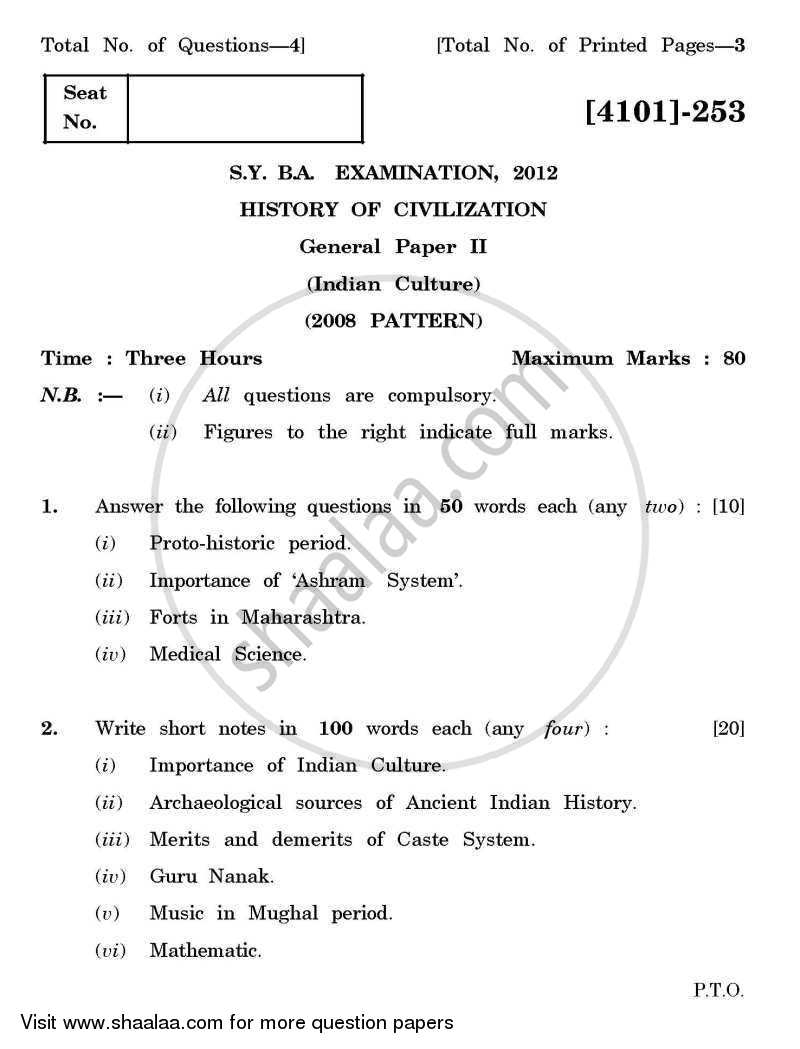 History of Civilization General Paper 2- Indian Culture 2011-2012 - B.A. - 2nd Year (SYBA) - University of Pune question paper with PDF download