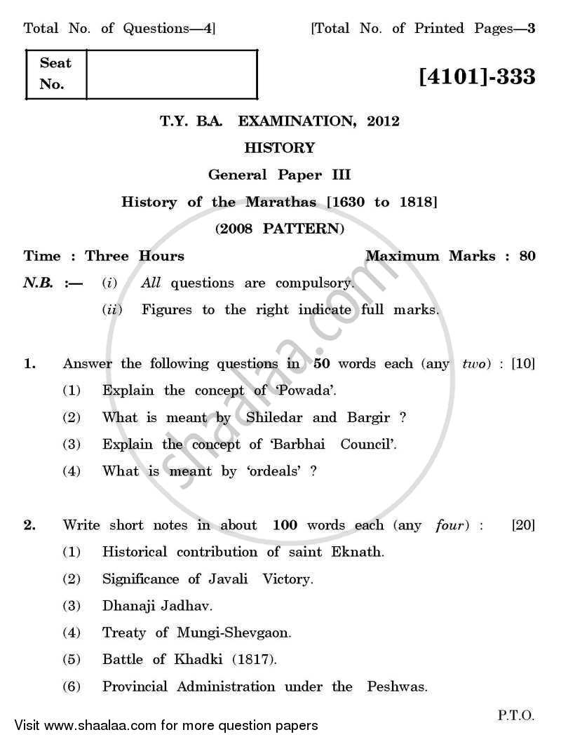 History General Paper 3- History of the Marathas (1630-1818) 2011-2012 - B.A. - 3rd Year (TYBA) - University of Pune question paper with PDF download