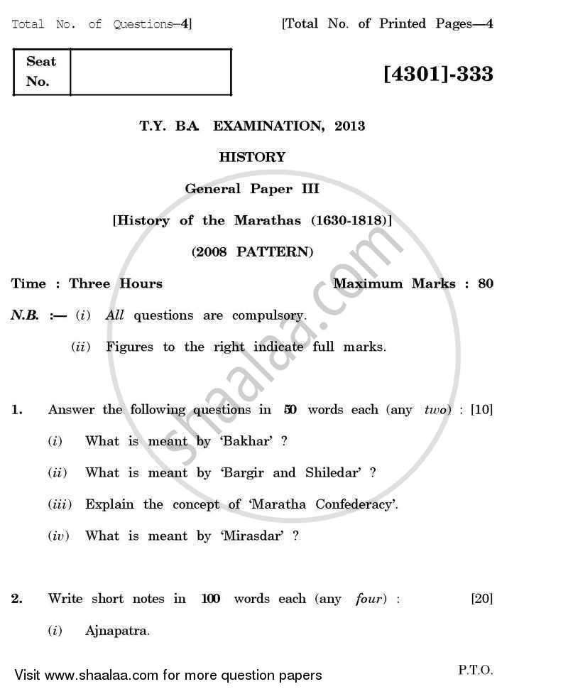 History General Paper 3- History of the Marathas (1630-1818) 2012-2013 - B.A. - 3rd Year (TYBA) - University of Pune question paper with PDF download