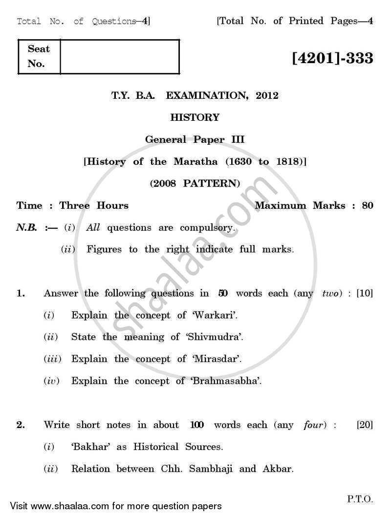 History General Paper 3- History of the Marathas (1630-1818) 2012-2013 - B.A. - 3rd Year (TYBA) - University of Pune question paper with PDF download